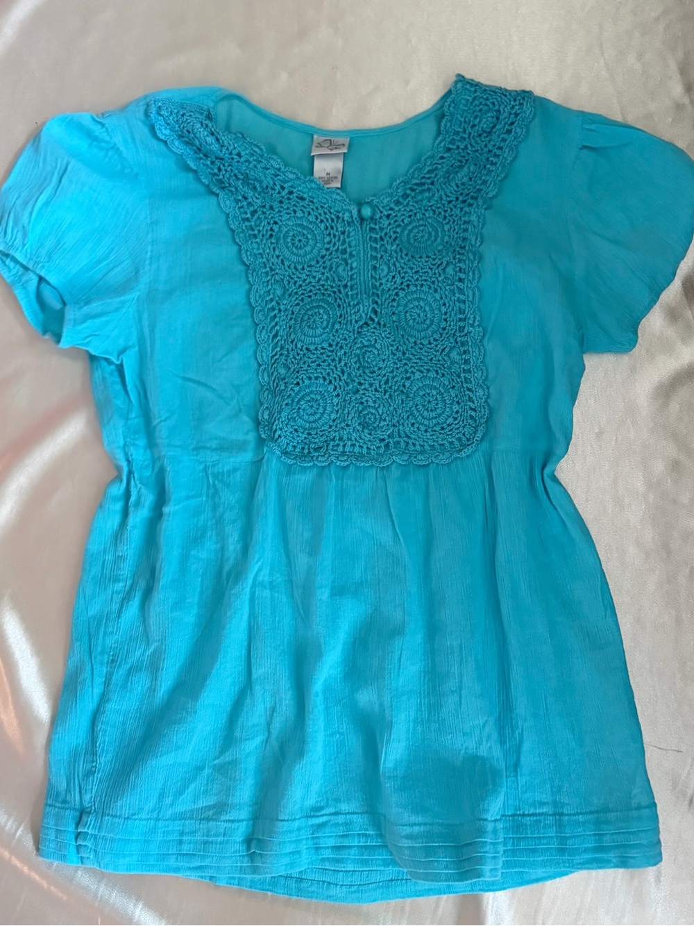 Butterfly Women Bright Blue Crochet Trimmed Cotton Short Sleeve Blouse Sz.M Y2k - Picture 4 of 9